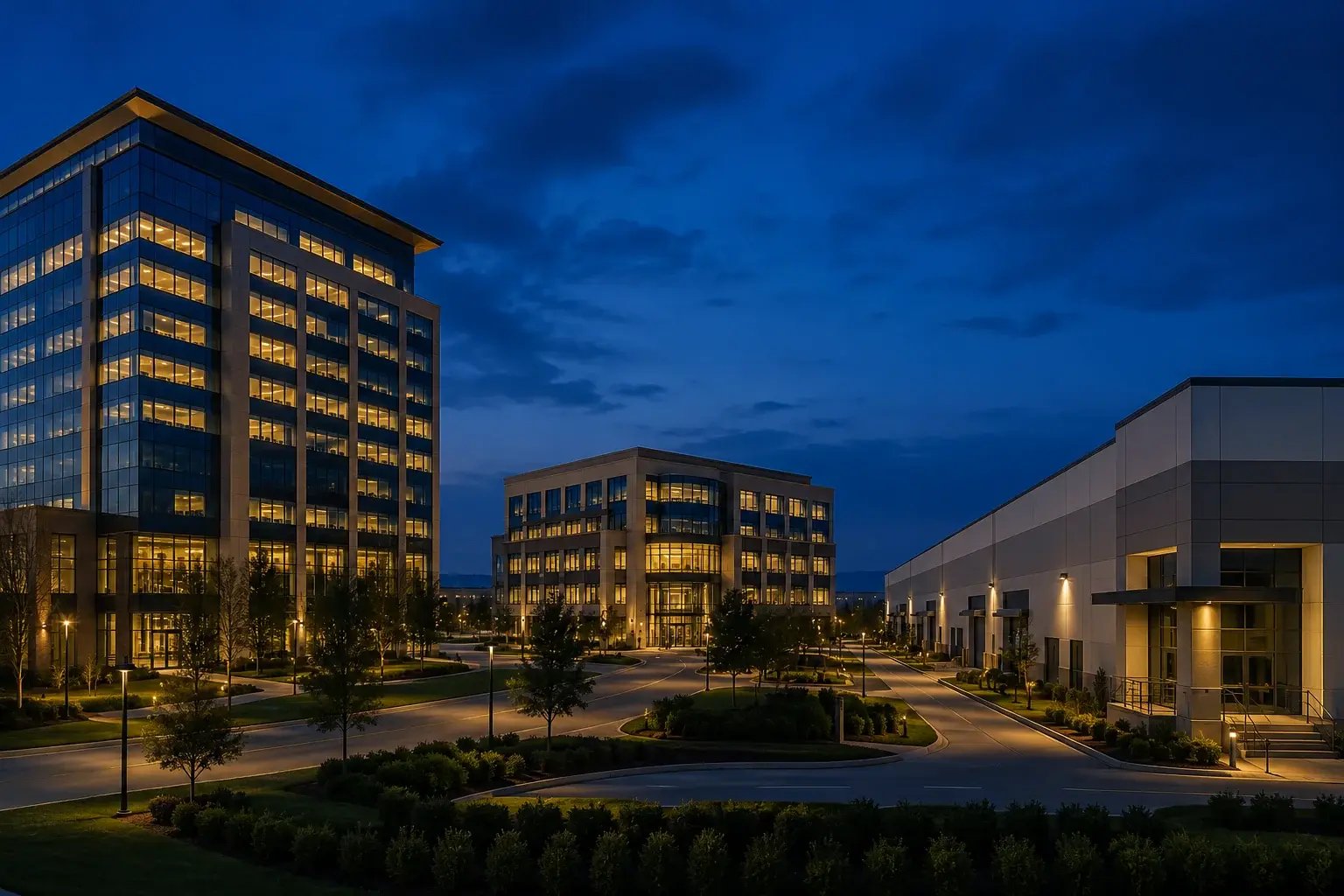 North Texas commercial business district at blue hour — office, professional and light-industrial buildings