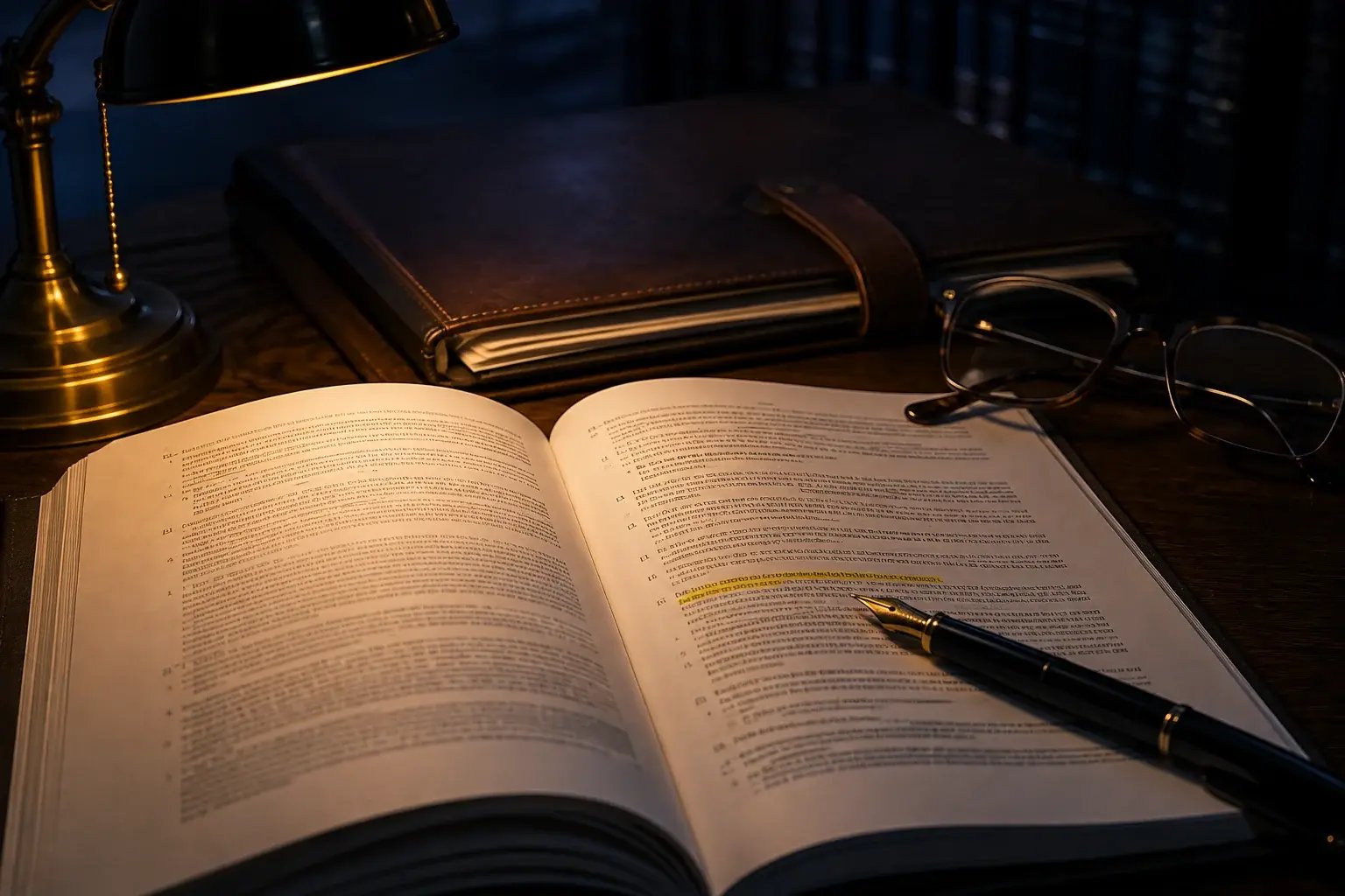 Commercial insurance policy open to an endorsement page, a highlighted clause marked with a pen under a desk lamp