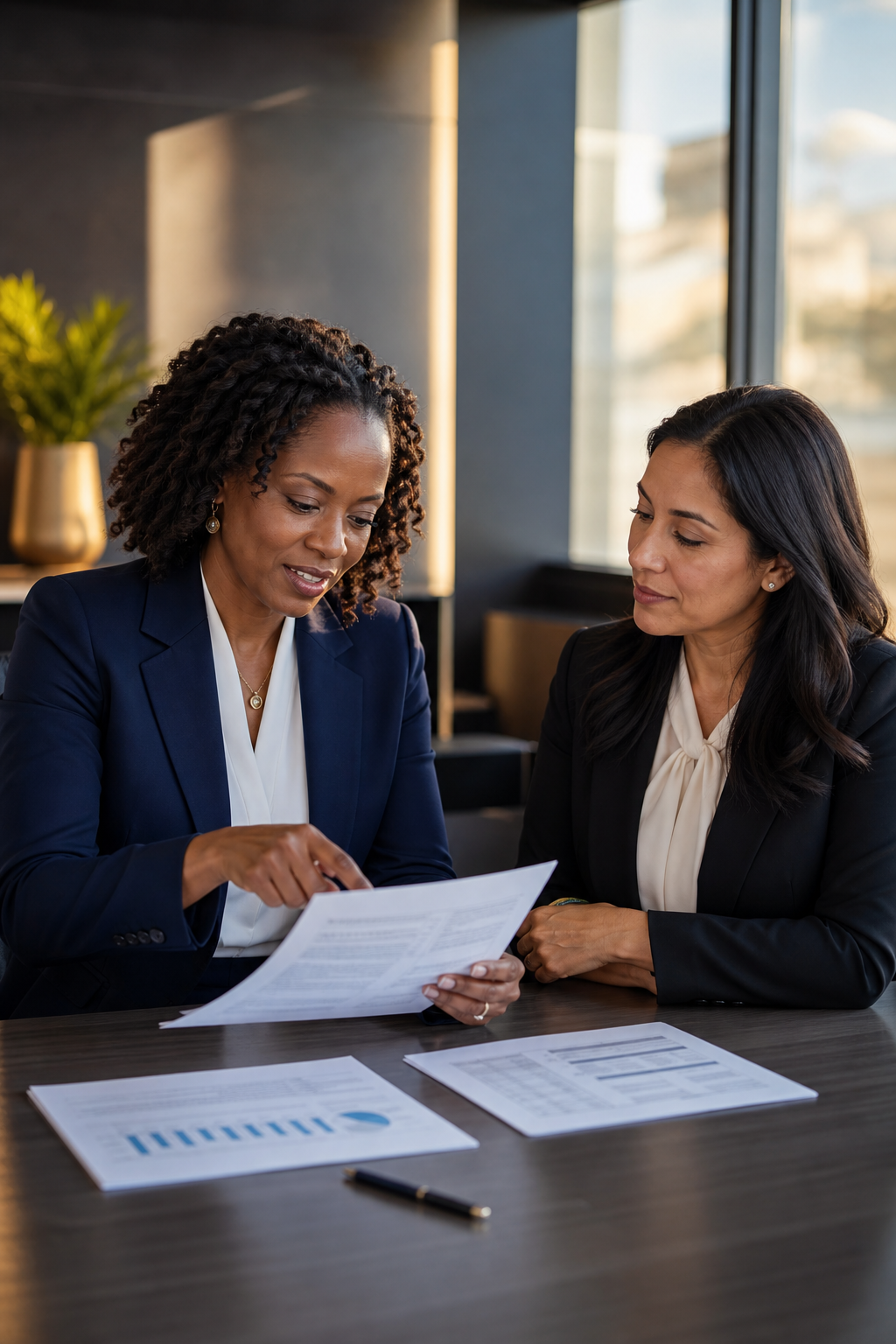 HR director and office manager reviewing group health benefits options — 4J Insurance Agency HR director and office manager reviewing group health benefits options — 4J Insurance Agency