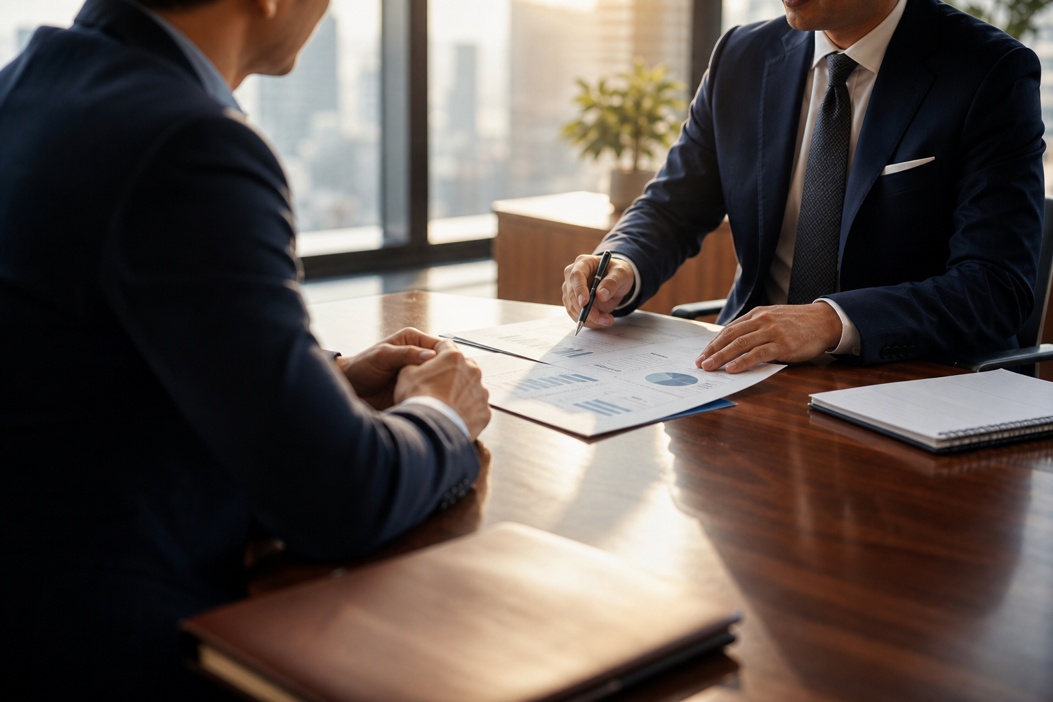 Confident Advisor Reviewing Documents at Executive Boardroom