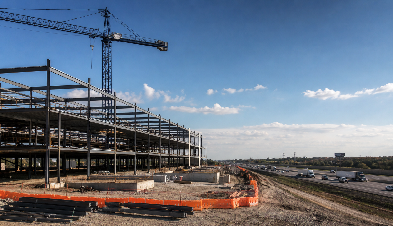 Steel Frame Building Under Construction on Texas Interstate Highway Steel Frame Building Under Construction on Texas Interstate Highway