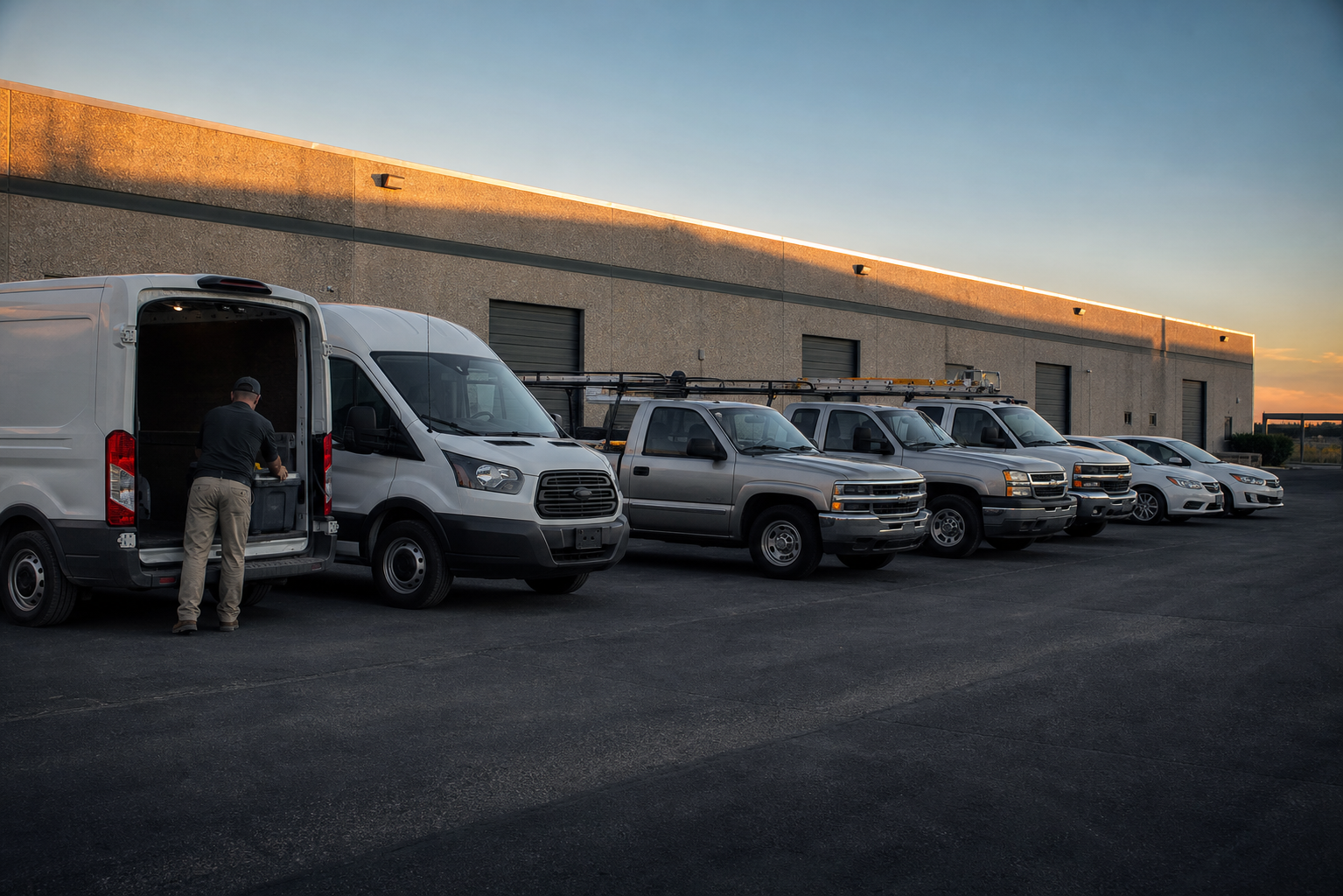 A row of unbranded white cargo vans and crew-cab pickups with ladder racks parked in a company yard at sunrise, a technician loading a parts bin into the nearest van.