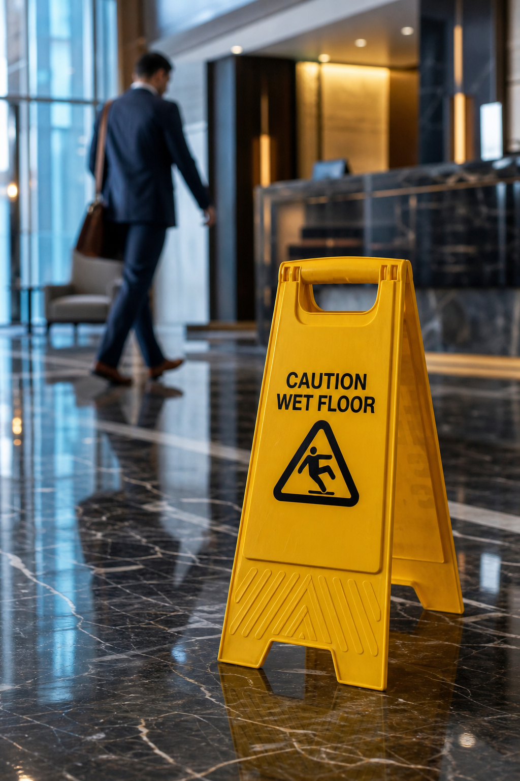 Wet floor caution sign in a business lobby — third-party slip-and-fall risk covered by General Liability — 4J Insurance Wet floor caution sign in a business lobby — third-party slip-and-fall risk covered by General Liability — 4J Insurance