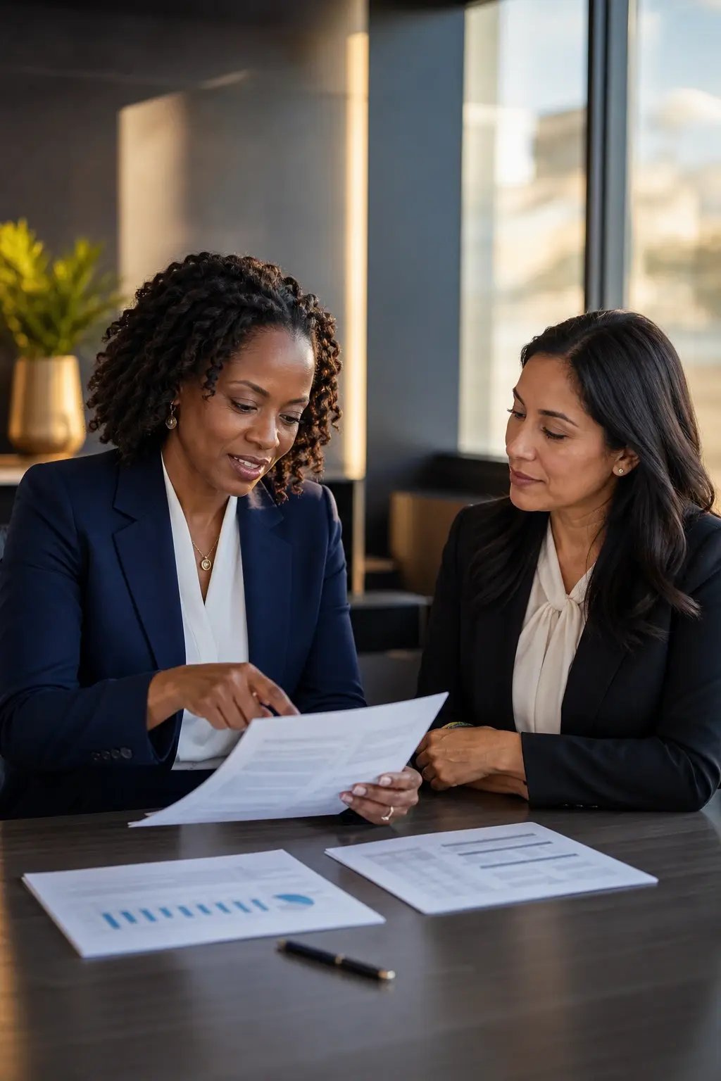 HR director and office manager reviewing group health benefits options — 4J Insurance Brokerage