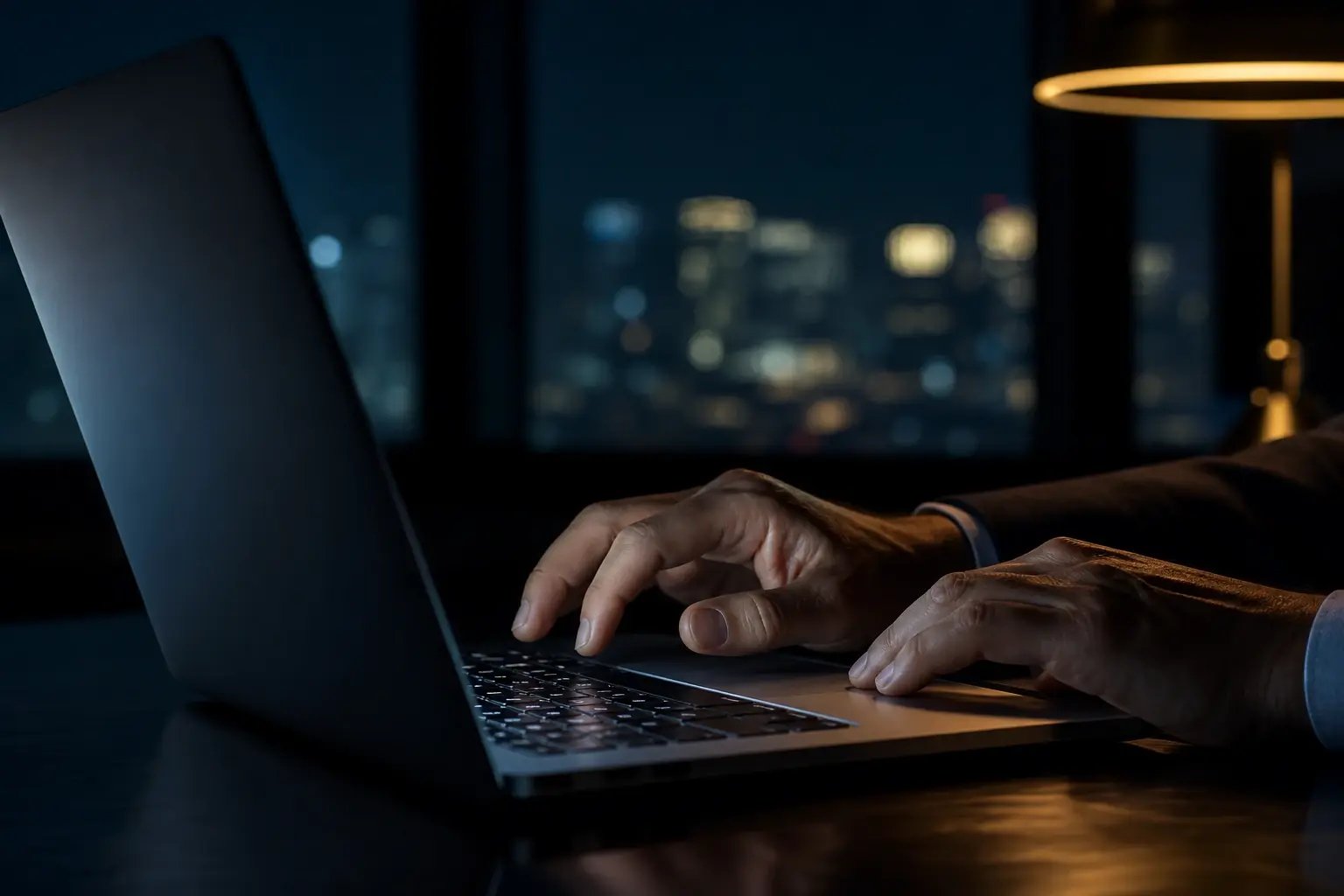 Businessmans Hands at Laptop in Dark Office at Night