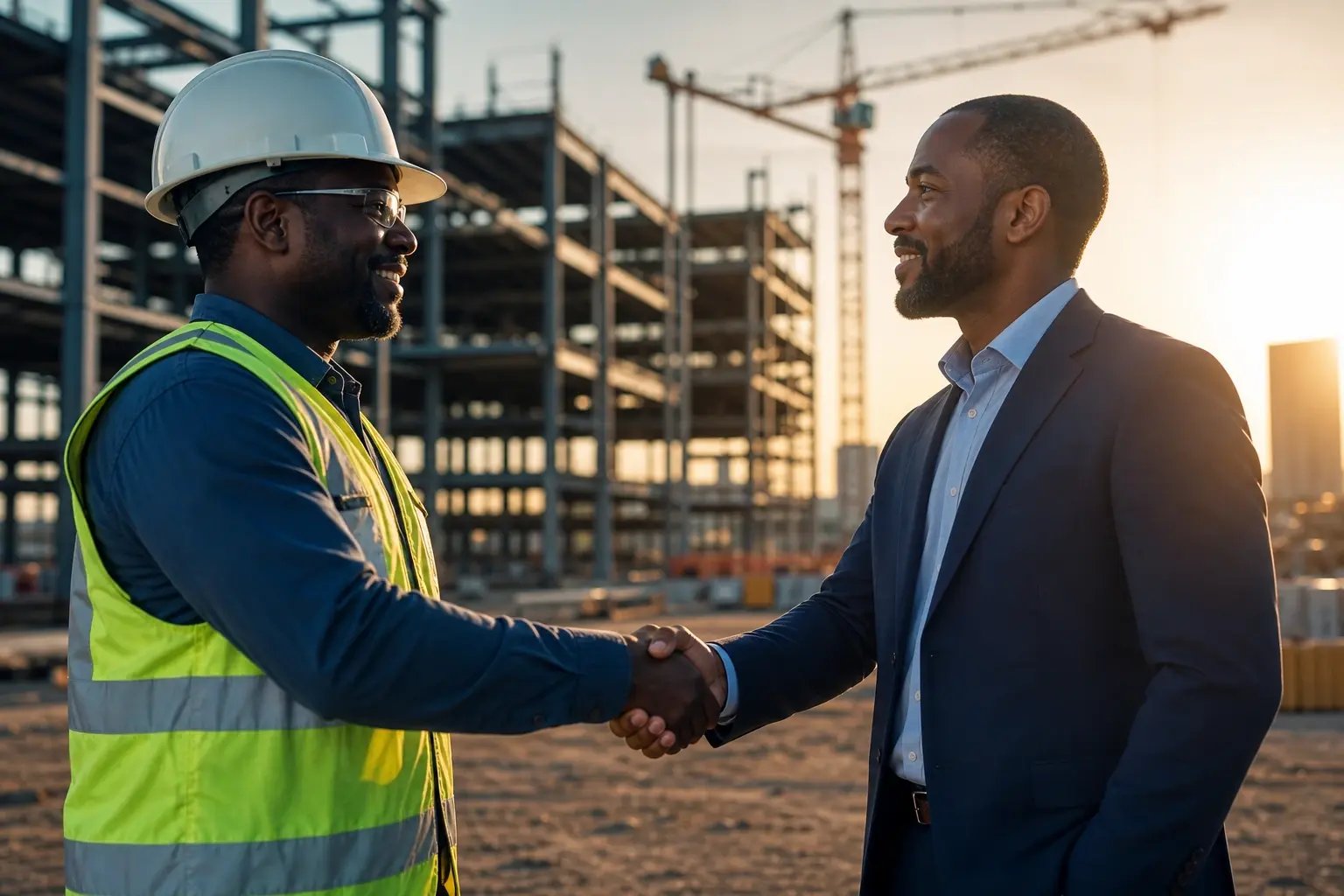 Contractor and project owner shaking hands on a construction site — surety bonds by 4J Insurance