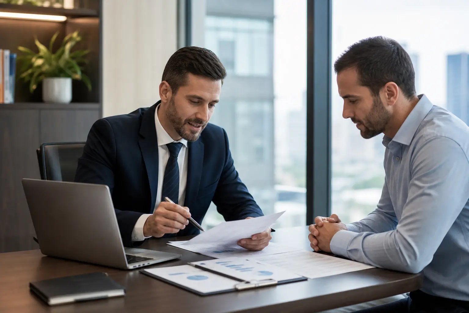 Insurance Advisor Reviewing Documents with Client in Modern Office Insurance Advisor Reviewing Documents with Client in Modern Office