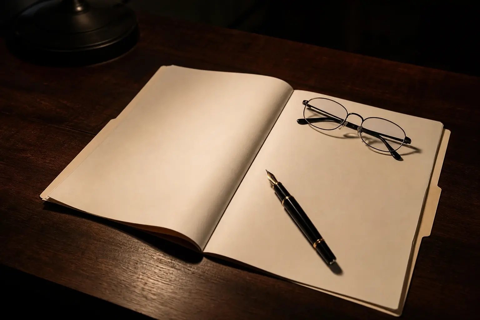 Insurance Policy on Wooden Desk with Fountain Pen and Reading Glasses
