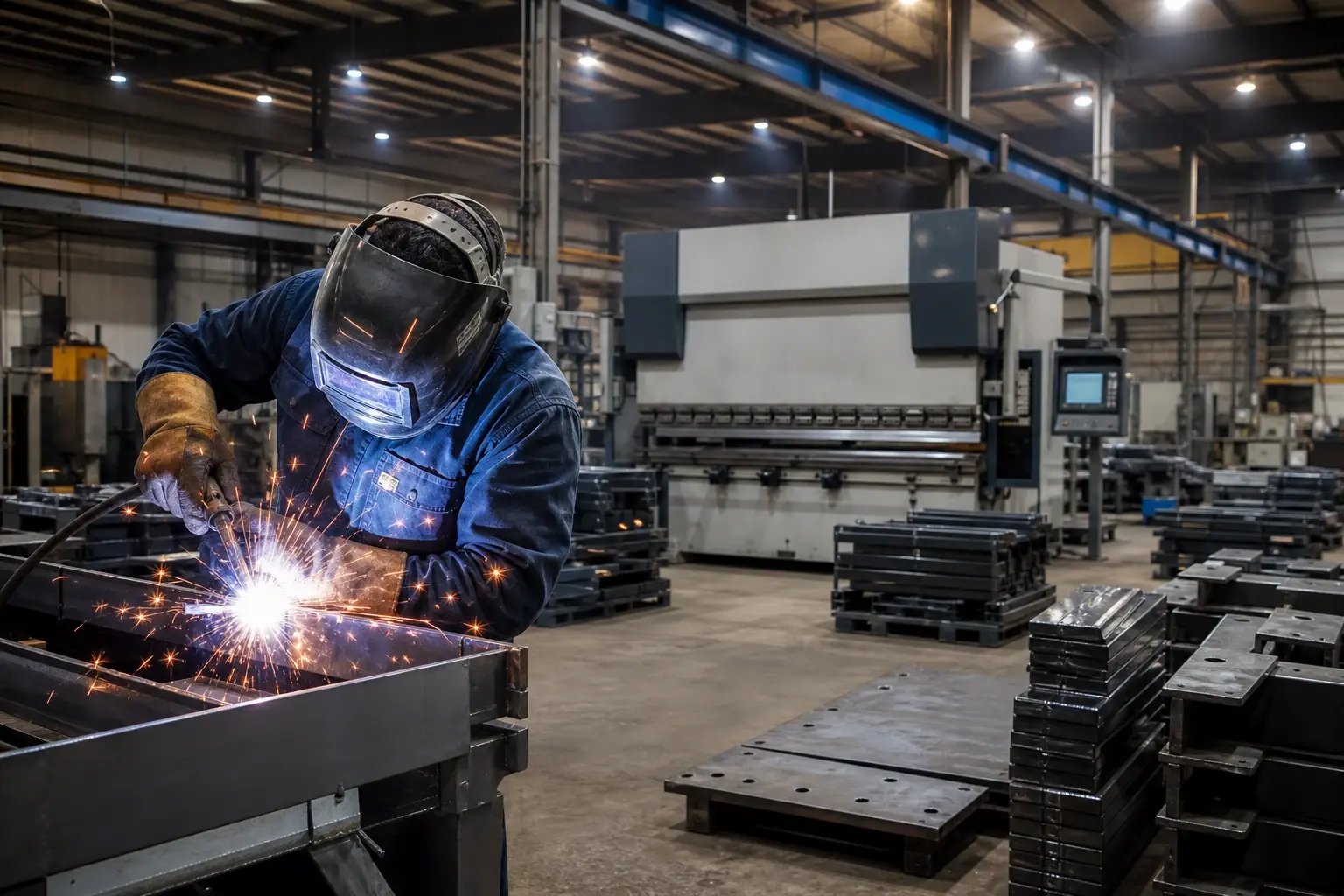 Modern Metal Fabrication Shop with Welder and CNC Press Brake