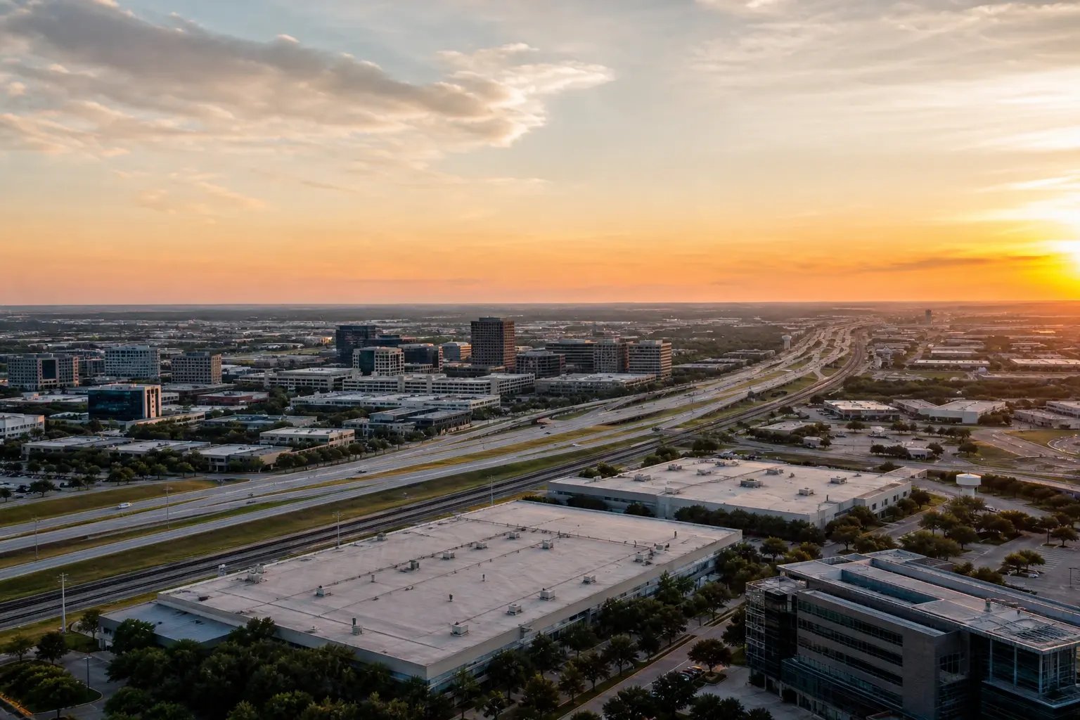 Modern Texas Business District at Golden Hour