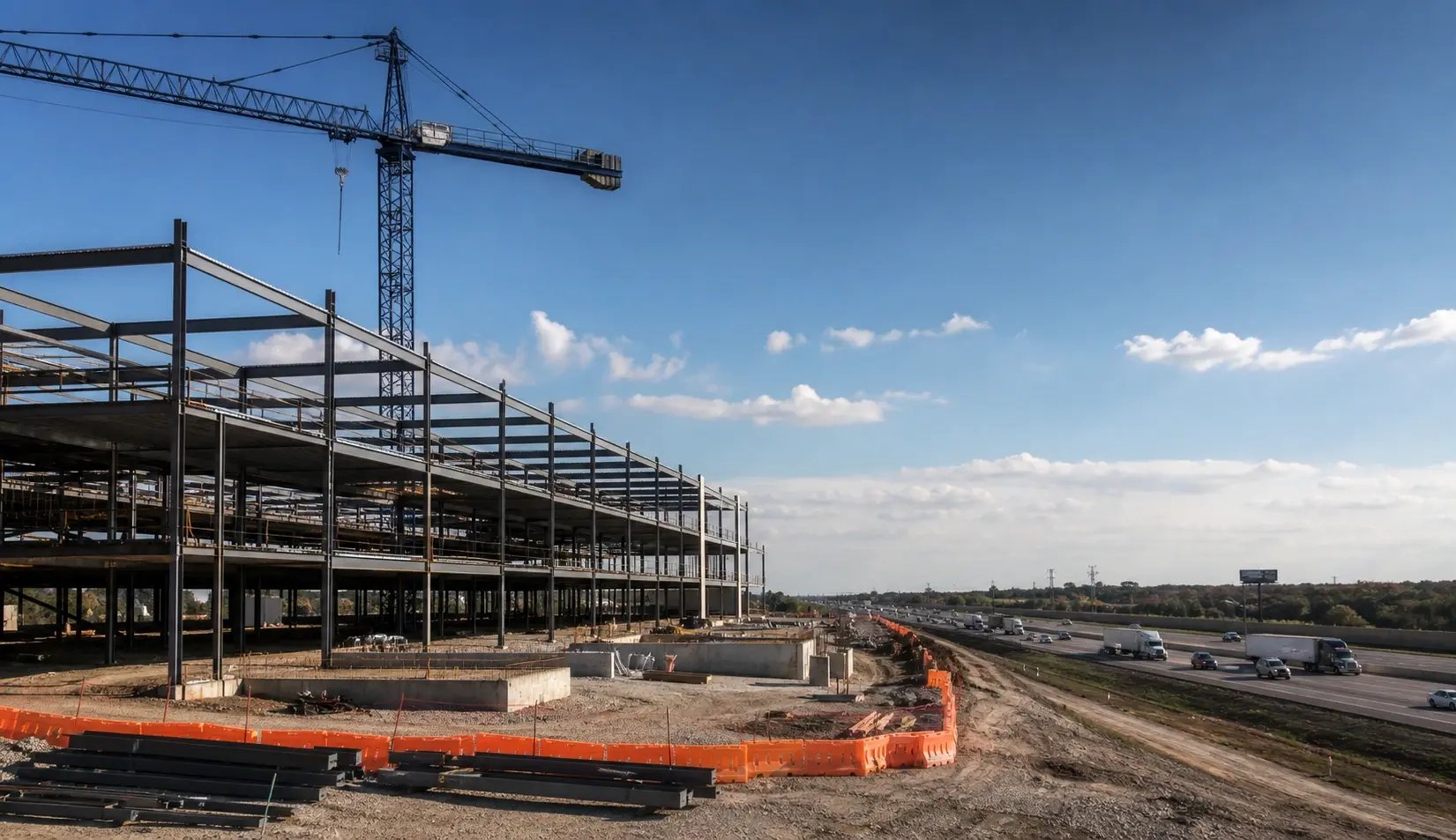 Steel-frame commercial building under construction in Denton County, Texas
