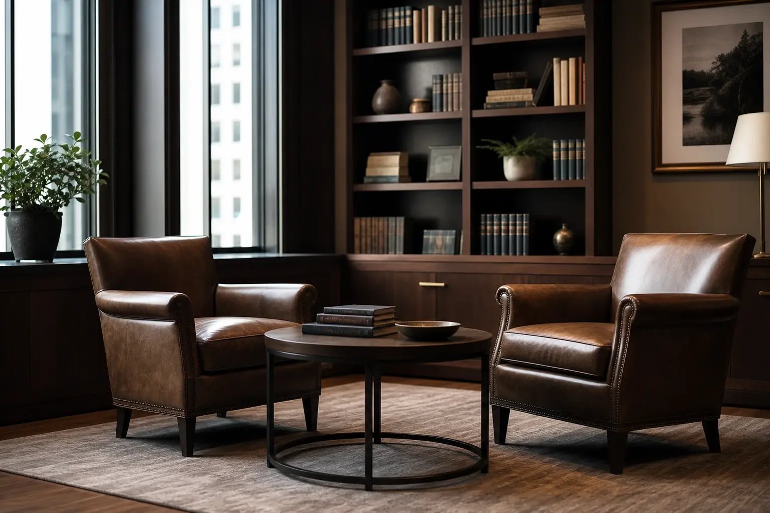 Upscale Advisory Office with Leather Chairs and Bookshelves