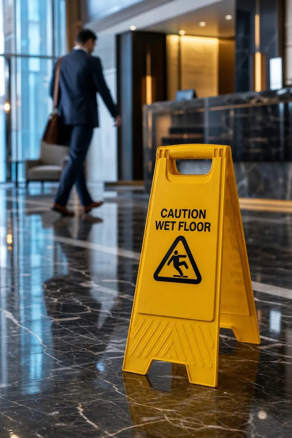 Wet floor caution sign in a business lobby — third-party slip-and-fall risk covered by General Liability — 4J Insurance Wet floor caution sign in a business lobby — third-party slip-and-fall risk covered by General Liability — 4J Insurance