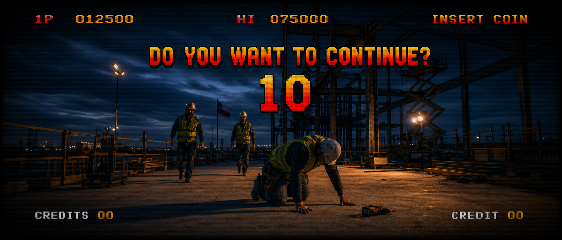 Arcade-style ‘Do You Want to Continue?’ screen over a Texas construction site, with a worker kneeling as coworkers approach.
