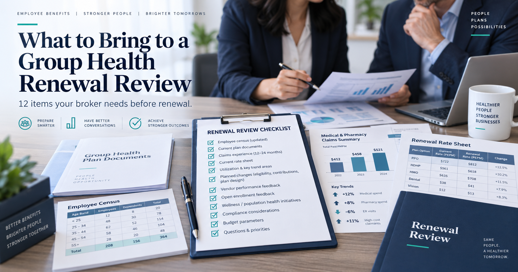 Group health renewal review checklist with employee census, plan documents, claims data, rate sheets, and benefits brokers reviewing renewal information.