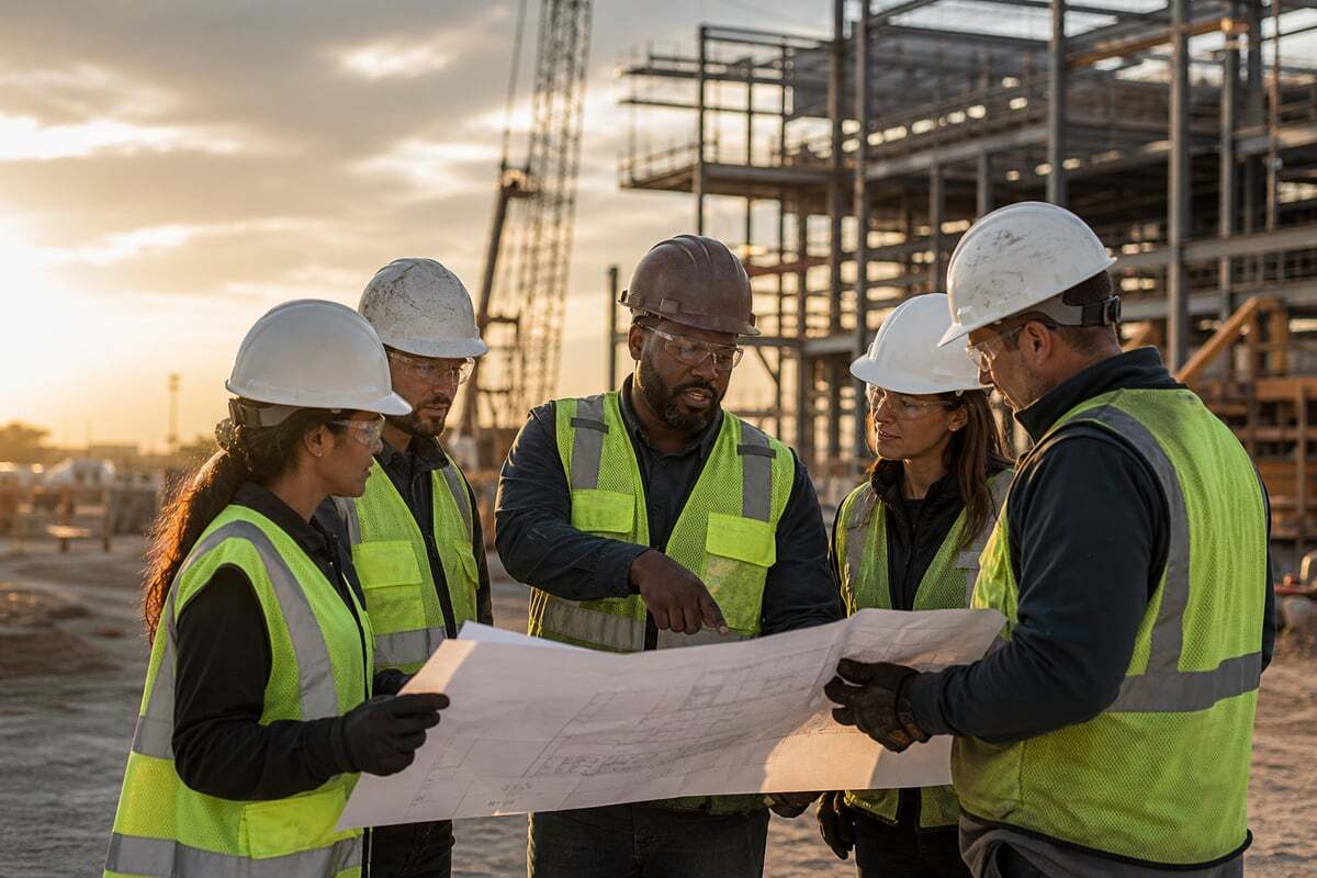 Construction team reviewing blueprints on a Texas jobsite at golden hour — commercial general liability insurance, 4J Insurance Agency