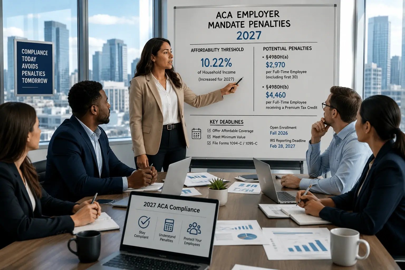 usiness professionals meeting in a modern conference room to review 2027 ACA employer mandate penalties, affordability requirements, and employer compliance strategies.