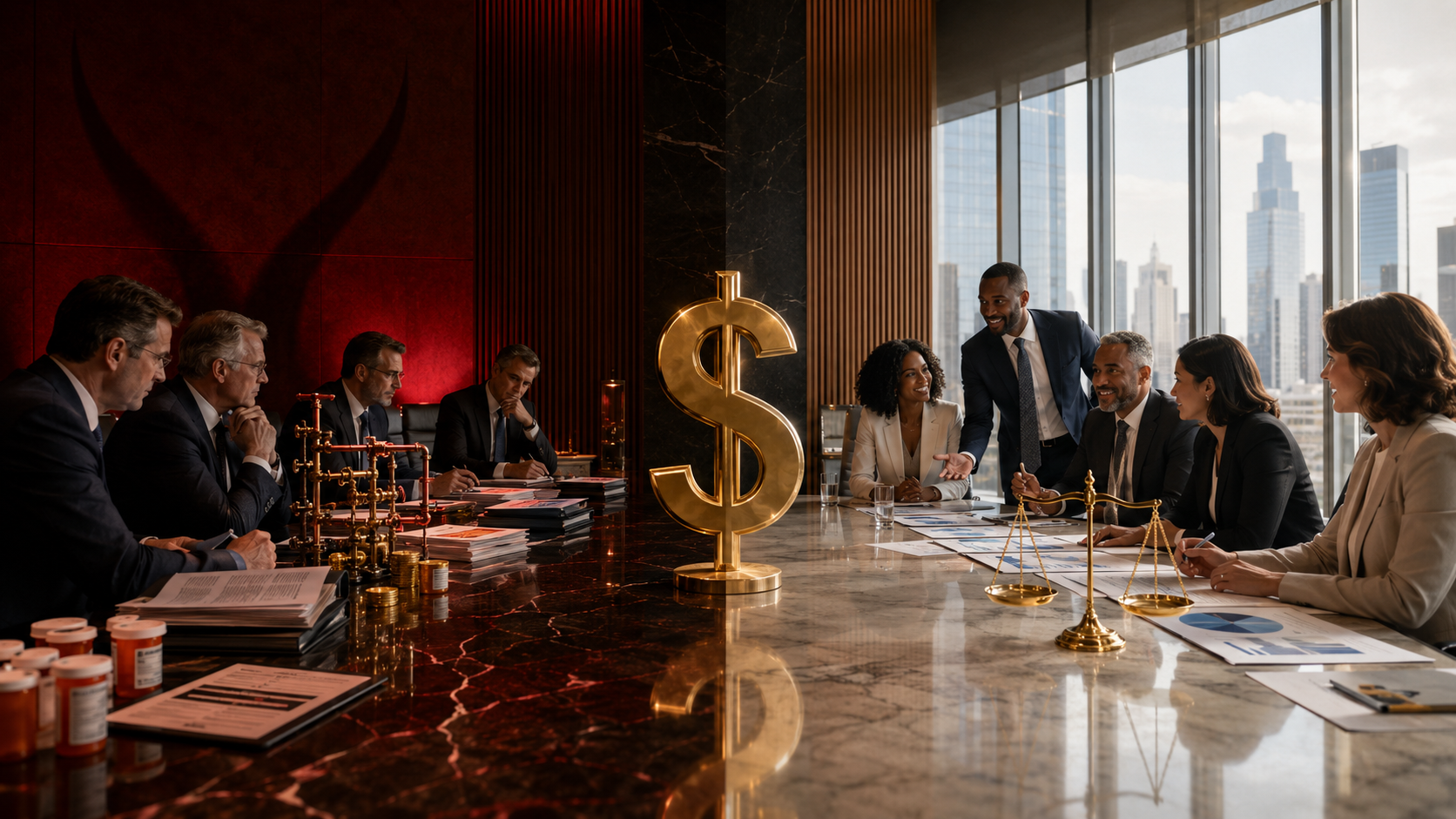 Split boardroom contrasting opaque group health broker compensation with transparent benefits advice, divided by a gold dollar sign.