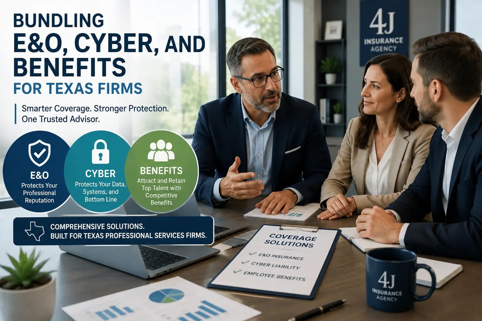 Professional services team at work — context for bundling errors and omissions, cyber and employee benefits coverage