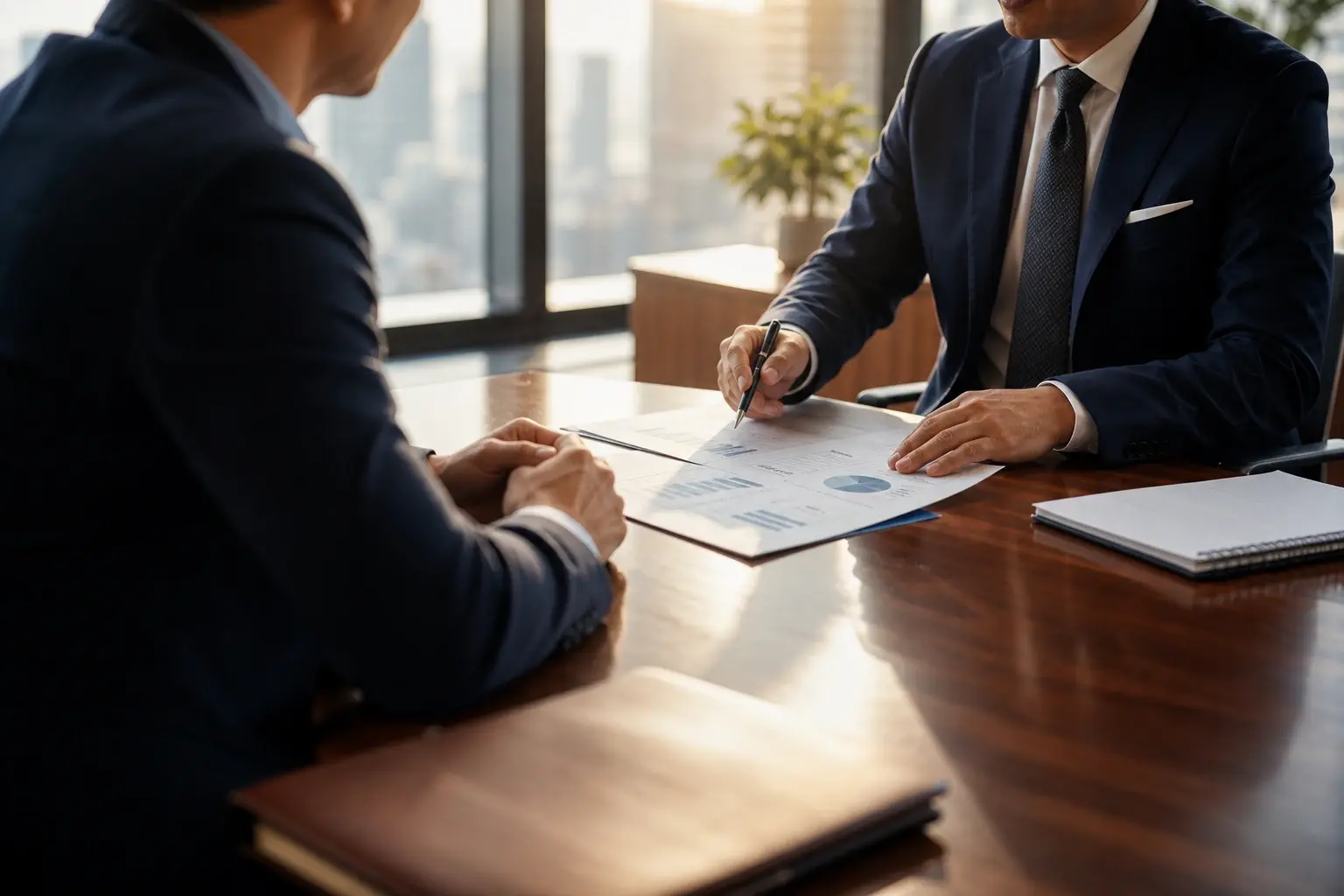 Commercial insurance advisor reviewing coverage documents with a client at a boardroom table
